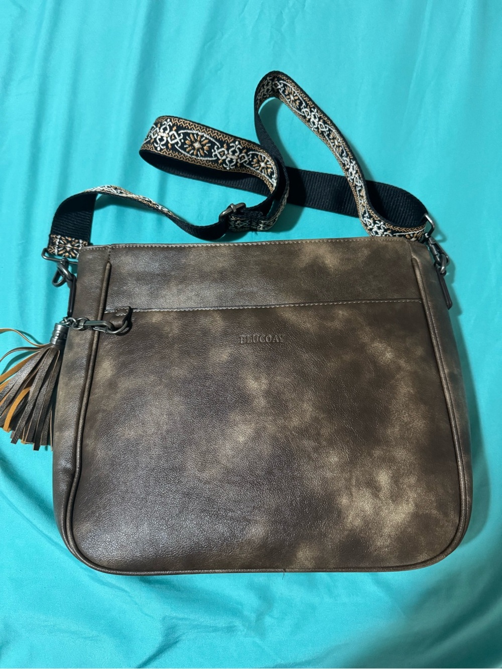 Brown Distressed Leather Crossbody with Patterned Strap